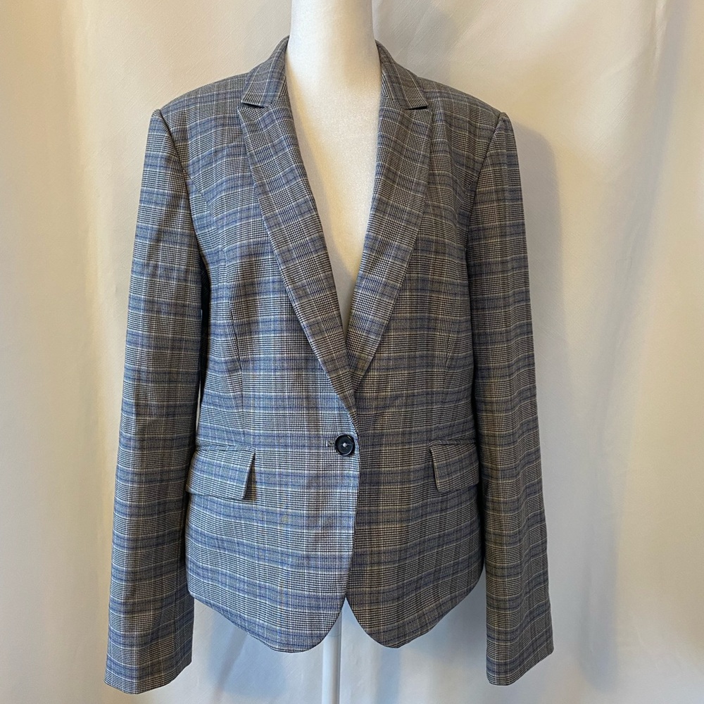 RW&CO Women's Single Breasted Fitted Tailored Blazer Grey Blue Plaid 14 Academia